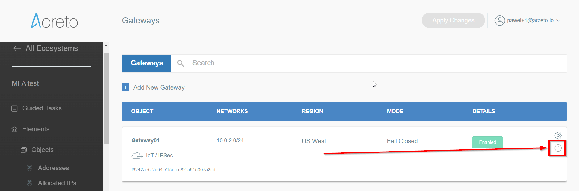 Wedge - Gateway Info button